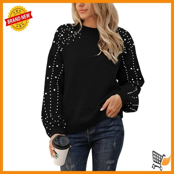 Oversized Chunky Knit Sweater with Pearl Details Lantern Sleeves